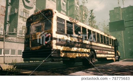An old abandoned rusty school bus stands in the middle of the road in a deserted city. The image for historical, retro and fiction backgrounds. 3D Rendering. View of the apocalyptic city. 78775683