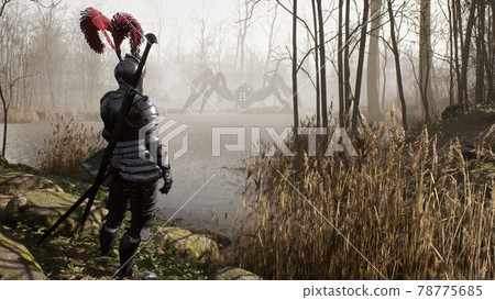 A brave medieval knight prepares to fight a lake monster that looks like a spider. Mystical nightmare concept. The image for fantasy, mystical or horror backgrounds. 3D Rendering. A brave medieval knight prepares to fight a lake monster that looks like a spider. Mystical nightmare concept. The image for fantasy, mystical or horror backgrounds. 3D Rendering. 78775685