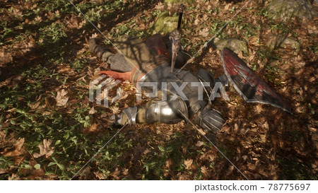 A brave wounded knight lies on the battlefield. View of a medieval knight wounded in battle. The image is for historical, medieval or military backgrounds. 3D Rendering. A brave wounded knight lies on the battlefield. View of a medieval knight wounded in battle. The image is for historical, medieval or military backgrounds. 3D Rendering. 78775697