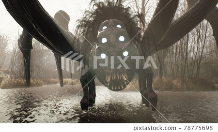 A creepy spider monster stands in the middle of a lake in a misty, deserted forest. Mystical nightmare concept. 3D Rendering. A creepy spider monster stands in the middle of a lake in a misty, deserted forest. Mystical nightmare concept. 3D Rendering. 78775698