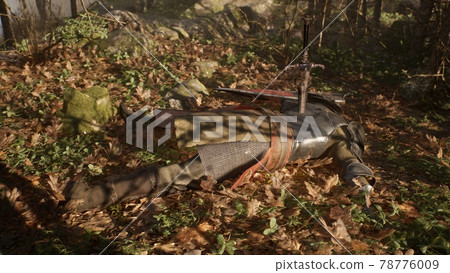 A brave wounded knight lies on the battlefield. View of a medieval knight wounded in battle. The image is for historical, medieval or military backgrounds. 3D Rendering. A brave wounded knight lies on the battlefield. View of a medieval knight wounded in battle. The image is for historical, medieval or military backgrounds. 3D Rendering. 78776009
