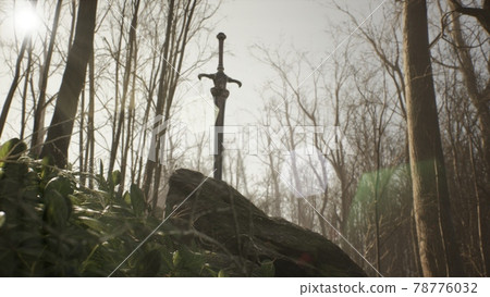 An ancient formidable sword stuck in an old stone in the middle of a morning spring forest. The rays of the sun play on the blade of a sword. 3D Rendering. 78776032