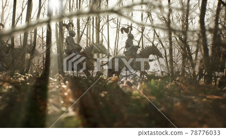 Medieval knights ride their faithful war horses to fight on the battlefield. Historical medieval concept. 3D Rendering. Medieval knights ride their faithful war horses to fight on the battlefield. Historical medieval concept. 3D Rendering. 78776033