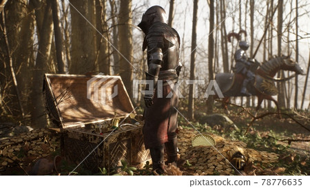 An ancient knight opens an old treasure chest with gold coins. Knights ride their horses through the forest to the battlefield. 3D Rendering. An ancient knight opens an old treasure chest with gold coins. Knights ride their horses through the forest to the battlefield. 3D Rendering. 78776635