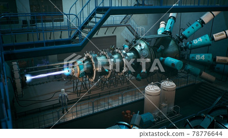 Scientists watch the work of a time machine or a futuristic thermonuclear reactor. A physicist controls a time machine. 3D Rendering. 78776644