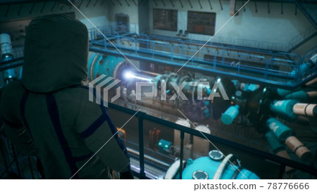 Scientists watch the work of a time machine or a futuristic thermonuclear reactor. A physicist controls a time machine. 3D Rendering. 78776666