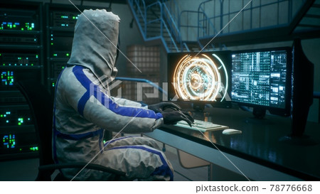 Scientists watch the work of a time machine or a futuristic thermonuclear reactor. A physicist controls a time machine. 3D Rendering. 78776668