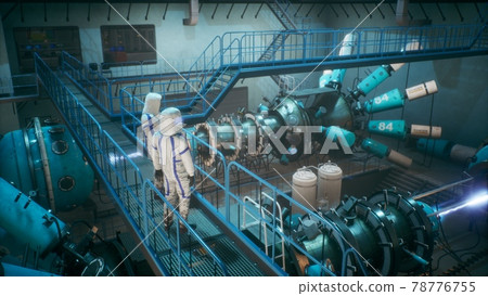 Scientists watch the work of a time machine or a futuristic thermonuclear reactor. A physicist controls a time machine. 3D Rendering. 78776755