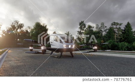 An unmanned passenger air taxi stands on the road waiting for a client. View of an unmanned aerial passenger vehicle. 3D Rendering. An unmanned passenger air taxi stands on the road waiting for a client. View of an unmanned aerial passenger vehicle. 3D Rendering. 78776761