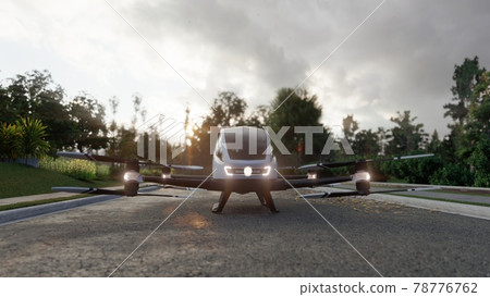 An unmanned passenger air taxi stands on the road waiting for a client. View of an unmanned aerial passenger vehicle. 3D Rendering. An unmanned passenger air taxi stands on the road waiting for a client. View of an unmanned aerial passenger vehicle. 3D Rendering. 78776762