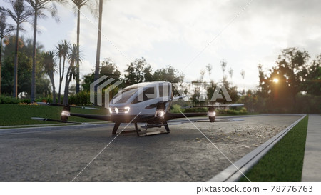 An unmanned passenger air taxi stands on the road waiting for a client. View of an unmanned aerial passenger vehicle. 3D Rendering. An unmanned passenger air taxi stands on the road waiting for a client. View of an unmanned aerial passenger vehicle. 3D Rendering. 78776763