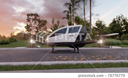 An air taxi in unmanned mode takes off and goes to its destination. View of an unmanned aerial passenger vehicle. 3D Rendering. An air taxi in unmanned mode takes off and goes to its destination. View of an unmanned aerial passenger vehicle. 3D Rendering. 78776779