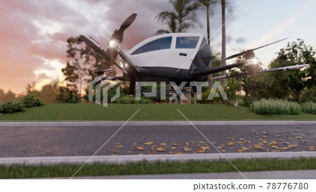 An air taxi in unmanned mode takes off and goes to its destination. View of an unmanned aerial passenger vehicle. 3D Rendering. 78776780