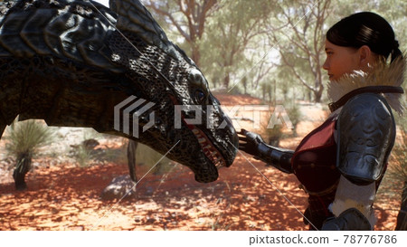 The dragon and the warrior girl met in the desert after a long separation. The girl was created using 3D computer graphics. 3D rendering 78776786