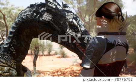 The dragon and the warrior girl met in the desert after a long separation. The girl was created using 3D computer graphics. 3D rendering 78776792