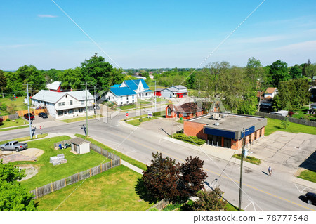 Aerial of town center of Scotland, Ontario, Canada 78777548