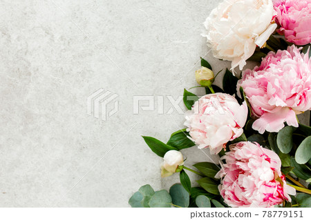 Beautiful pink peony flowers on gray stone table with copy space for your text. Flat style, top view Beautiful pink peony flowers on gray stone table with copy space for your text. Flat style, top view 78779151