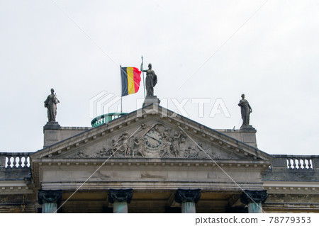 Belgium, Brussels, Belgian flag on the castle of Laeken, residence of the King. Belgium, Brussels, Belgian flag on the castle of Laeken, residence of the King. 78779353