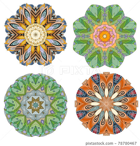 Hand drawn zentangle set of 4 color mandalas for decoration Hand drawn zentangle set of 4 color mandalas for decoration 78780467
