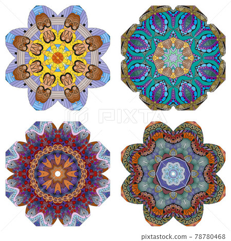 Hand drawn zentangle set of 4 color mandalas for decoration 78780468