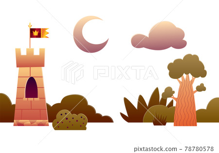 Theater stage scenery. Vector cartoon illustration of theatre scene with decorations. Elements for a children story about an ancient kingdom with a castle 78780578