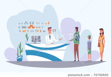 Pharmacy with pharmacist behind counter and people buying medicine. Queue of different people who came to buy pill. Drugstore cartoon vector illustration Pharmacy with pharmacist behind counter and people buying medicine. Queue of different people who came to buy pill. Drugstore cartoon vector illustration 78780600