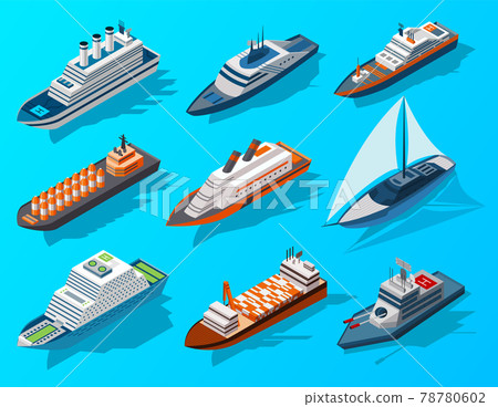 Collection of isometric modern ships. Passengers, cargo and army transportation by water. Vector isometric icons or infographic element. Ocean transports Collection of isometric modern ships. Passengers, cargo and army transportation by water. Vector isometric icons or infographic element. Ocean transports 78780602