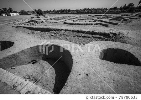 Column stumps in a large renovated archaeological site on the Nile, Sudan 78780635