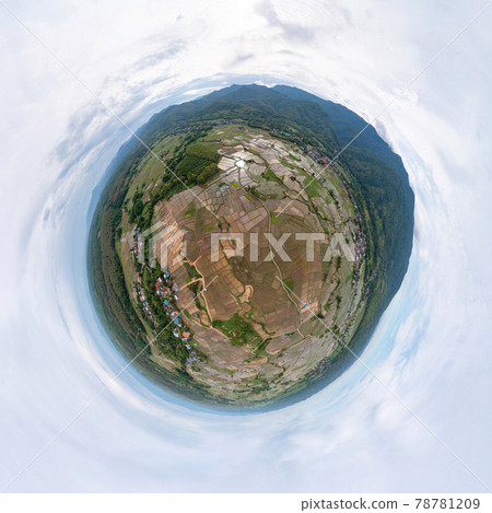 Little planet 360 degree sphere. Panorama of aerial top view of paddy rice terraces with water reflection, green agricultural fields, mountain hills valley, Chiang Mai, Thailand. Nature landscape. 78781209