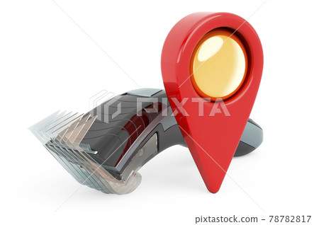 Location of hairdresser. Map pointer with electric hair clipper. 3D rendering 78782817