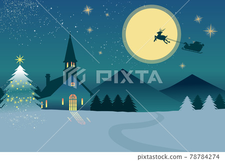 聖夜、月亮和教堂，聖誕老人的剪影 78784274