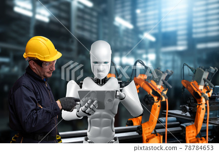 Mechanized industry robot and human worker working together in future factory 78784653