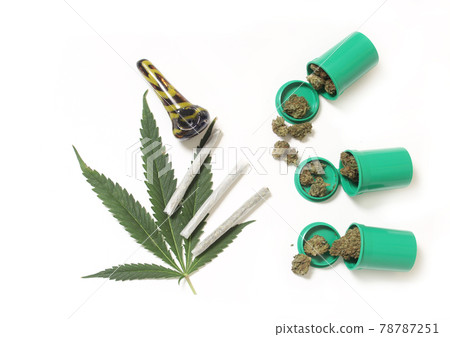 Legal Marijuana Buds and CBD Hemp Flowers With Green Leaf Legal Marijuana Buds and CBD Hemp Flowers With Green Leaf 78787251