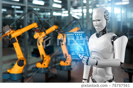 Mechanized industry robot and robotic arms for assembly in factory production . 78787561