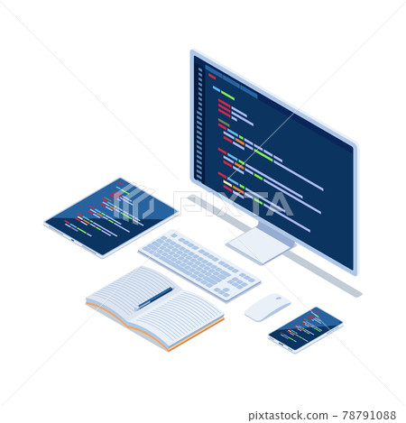 Isometric Computer Code on Monitor Smartphone and Tablet Developing Cross Platform Website 78791088