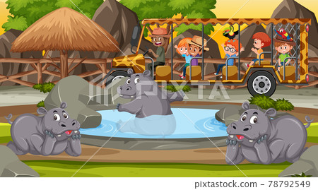 Safari at night scene with kids watching hippopotamus group 78792549
