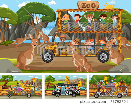 Different safari scenes with animals and kids cartoon character Different safari scenes with animals and kids cartoon character 78792794