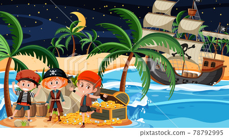 Treasure Island scene at night with Pirate kids 78792995
