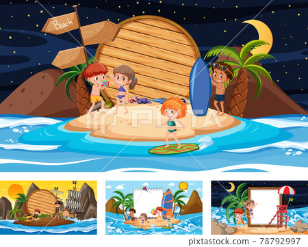 Set of blank banner in different tropical beach scenes 78792997