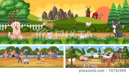 Set of outdoor panoramic landscape with cartoon character Set of outdoor panoramic landscape with cartoon character 78792999