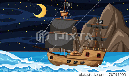 Ocean with Pirate ship at night scene in cartoon style Ocean with Pirate ship at night scene in cartoon style 78793003
