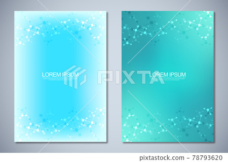 Templates brochure or cover book, page layout, flyer design with abstract background of molecular structures and DNA strand. Concept and idea for innovation technology, medical research, science. Templates brochure or cover book, page layout, flyer design with abstract background of molecular structures and DNA strand. Concept and idea for innovation technology, medical research, science. 78793620