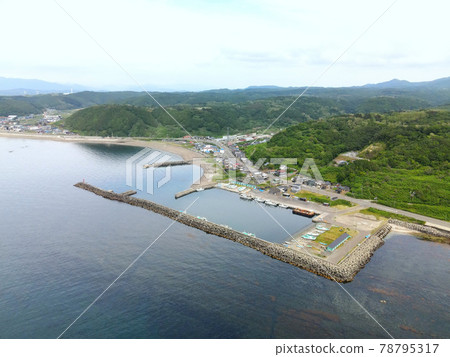 Aerial view of Tomari fishing port in Esashi-cho, Hokkaido in early summer 78795317