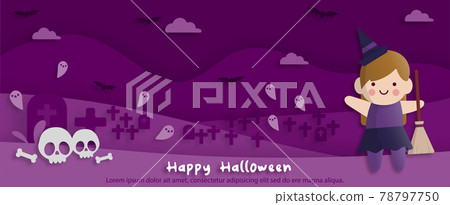 Happy Halloween party in paper art style with child wearing a witch costume. greeting card, posters and wallpaper. Vector illustration. 78797750