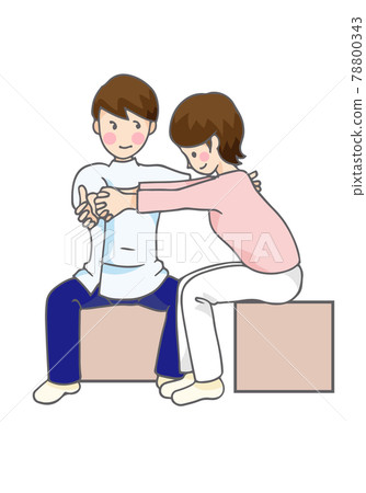 A person and a therapist sitting on a table and rehabilitating 78800343
