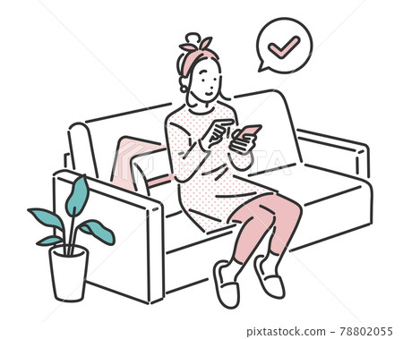 Illustration material of a woman checking a smartphone while relaxing on the sofa 78802055