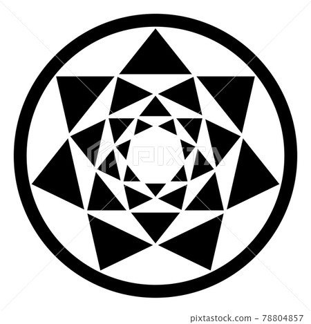 Four heptagrams, and their resulting triangle patterns, in a circle frame. Crossing points of four seven-pointed stars, placed one inside the other, forming a mandala. Modeled on a crop circle. Vector Four heptagrams, and their resulting triangle patterns, in a circle frame. Crossing points of four seven-pointed stars, placed one inside the other, forming a mandala. Modeled on a crop circle. Vector 78804857