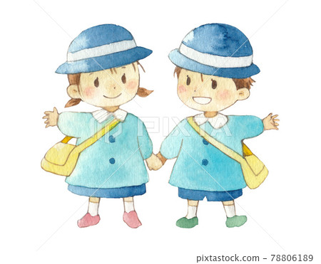 幼兒園小朋友手牽手的手繪水彩插畫 幼兒園小朋友手牽手的手繪水彩插畫 78806189