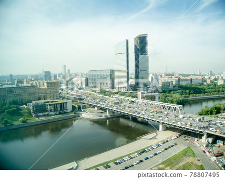 Moscow cityscape seen from skyscrapers Highways and skyscrapers crowded with flowing rivers Moscow cityscape seen from skyscrapers Highways and skyscrapers crowded with flowing rivers 78807495