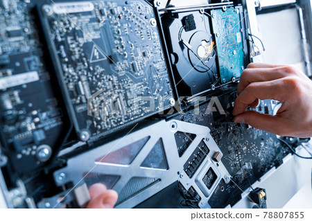 Electronic hardware repair. Computer macro technician engineer service. Technology maintenance pc from man. 78807855